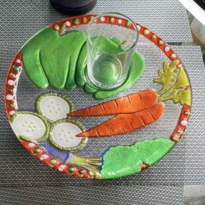Easter Platter Hand-Painted Vegetable Glass Plate Carrot Peppers Orange Green 12